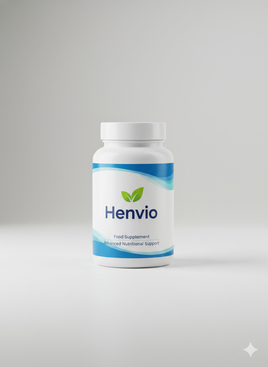 Henvio food supplement packaging on a neutral surface